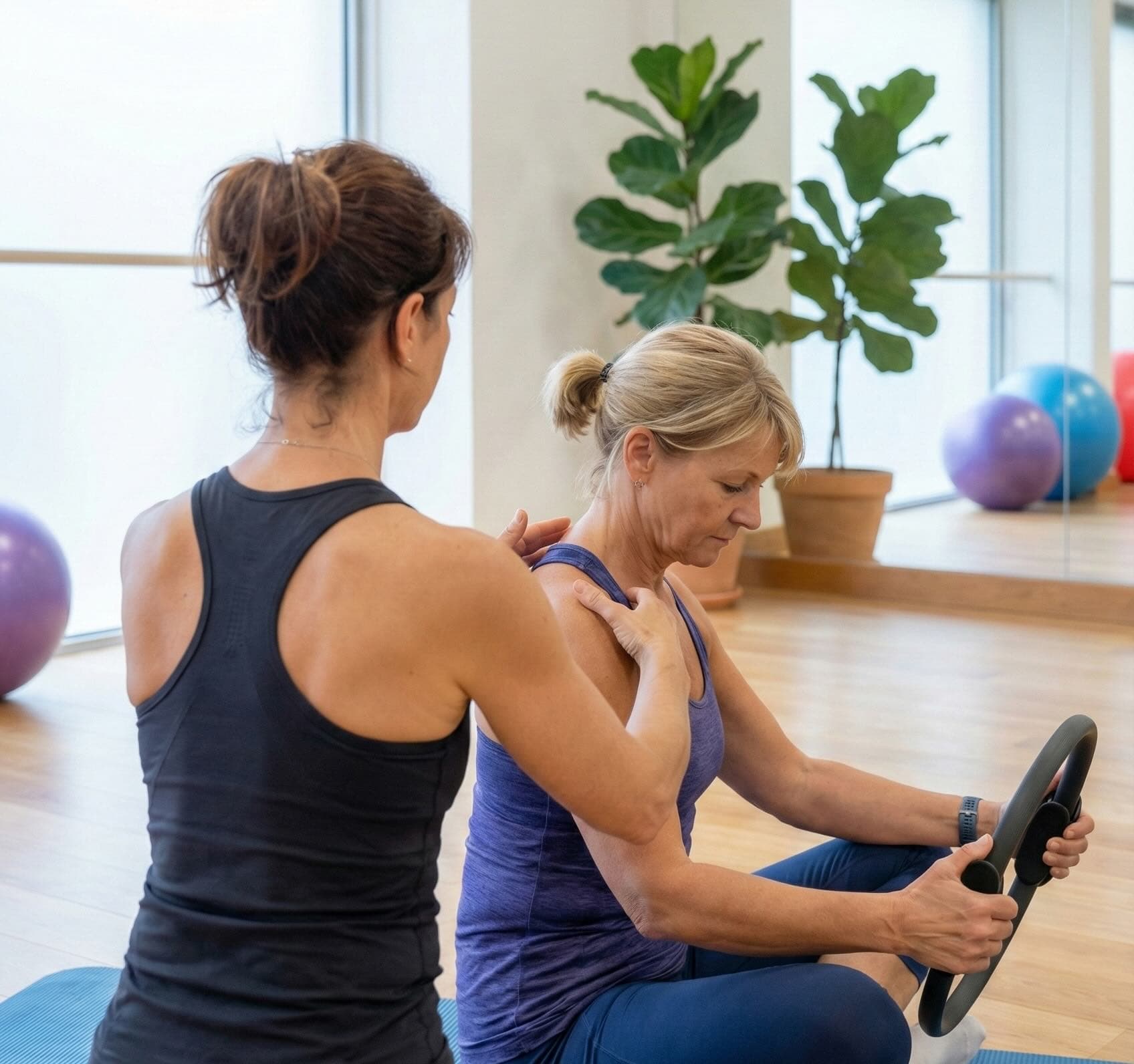Professeur guidant une élève avec cercle Pilates