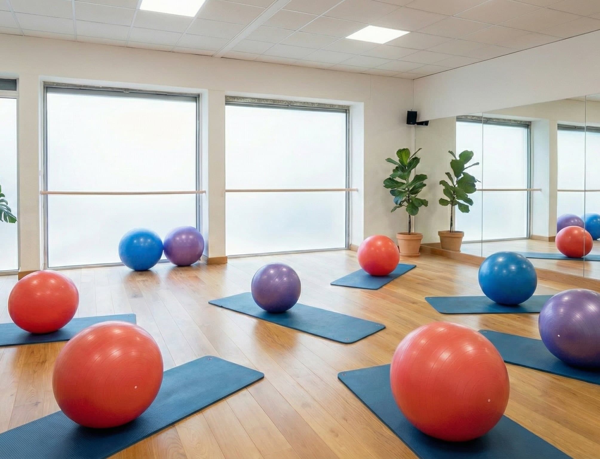Cours collectif de Pilates sur swiss-ball